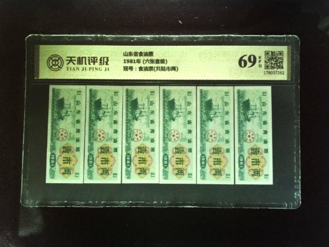 山东省食油票1981年 (六张套装)，冠号食油票(共陆市两)，纸币，钱币收藏