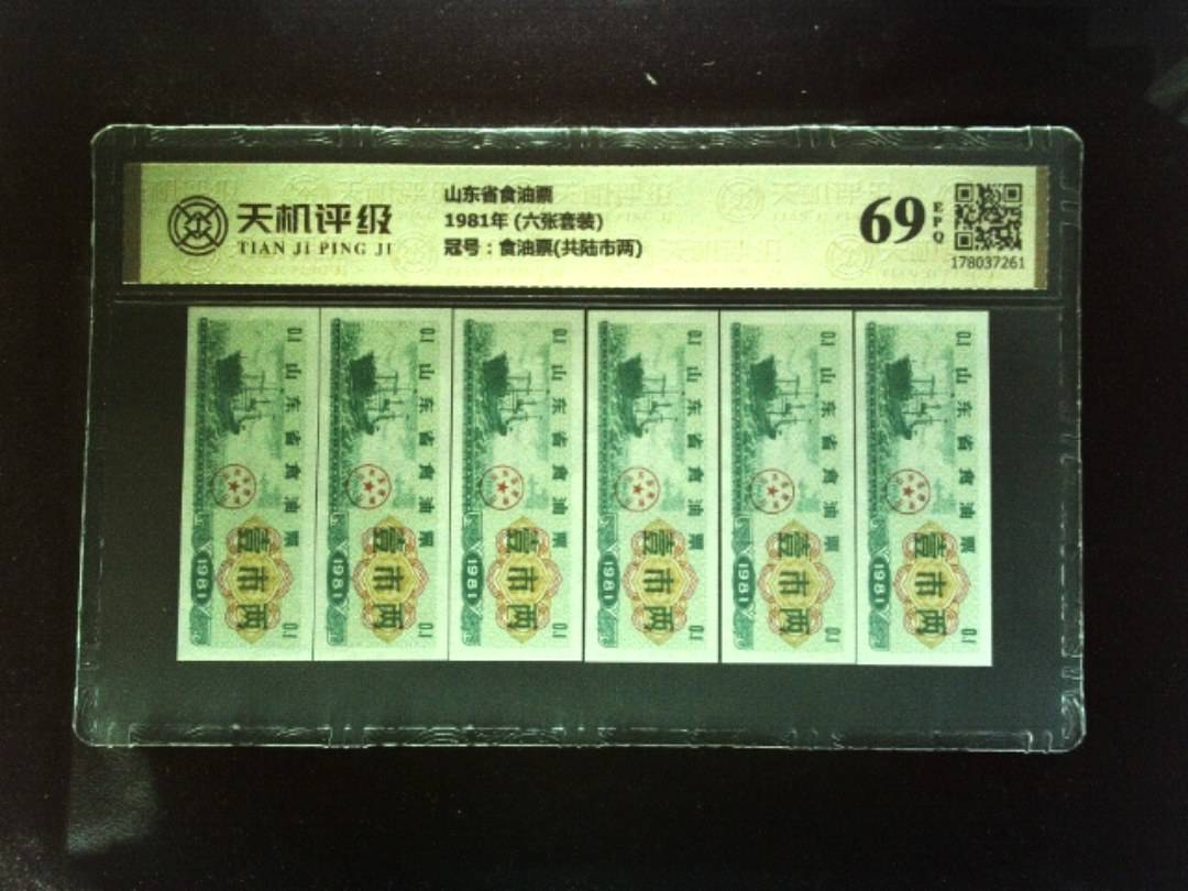 山东省食油票1981年 (六张套装)，冠号食油票(共陆市两)，纸币，钱币收藏