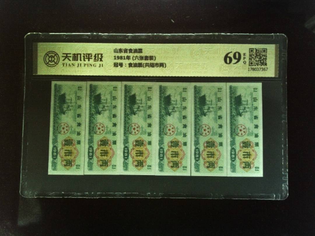 山东省食油票1981年 (六张套装)，冠号食油票(共陆市两)，纸币，钱币收藏
