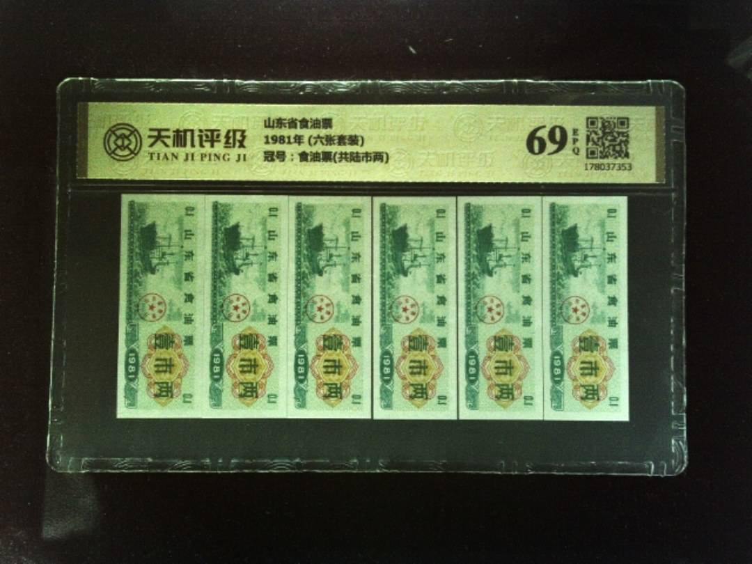 山东省食油票1981年 (六张套装)，冠号食油票(共陆市两)，纸币，钱币收藏