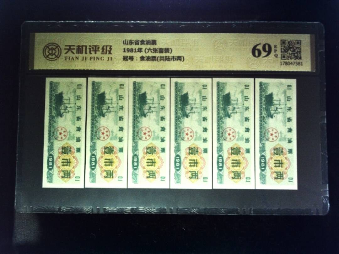 山东省食油票1981年 (六张套装)，冠号食油票(共陆市两)，纸币，钱币收藏