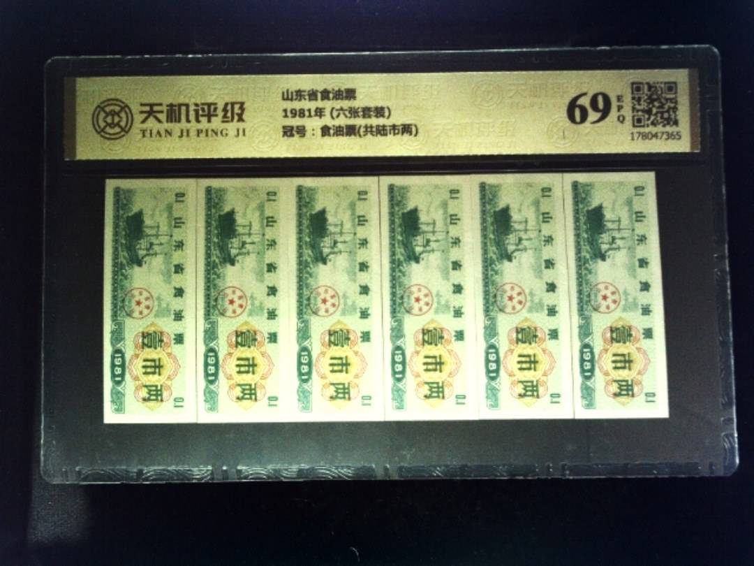 山东省食油票1981年 (六张套装)，冠号食油票(共陆市两)，纸币，钱币收藏