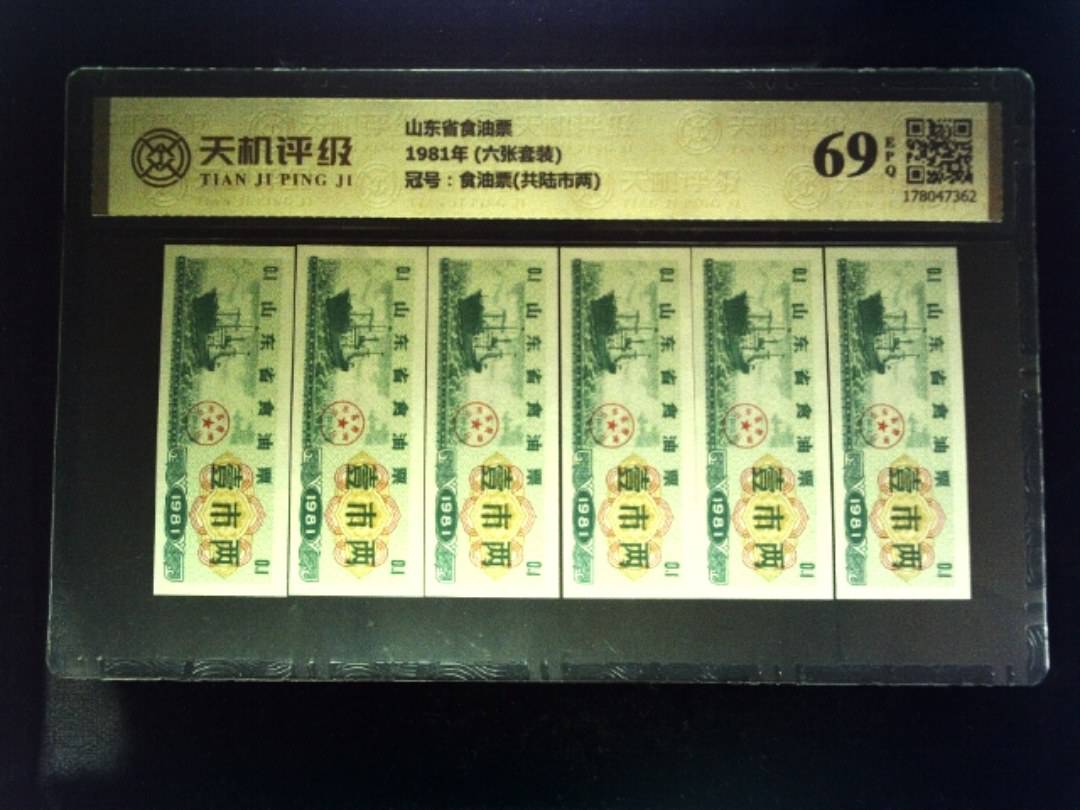 山东省食油票1981年 (六张套装)，冠号食油票(共陆市两)，纸币，钱币收藏