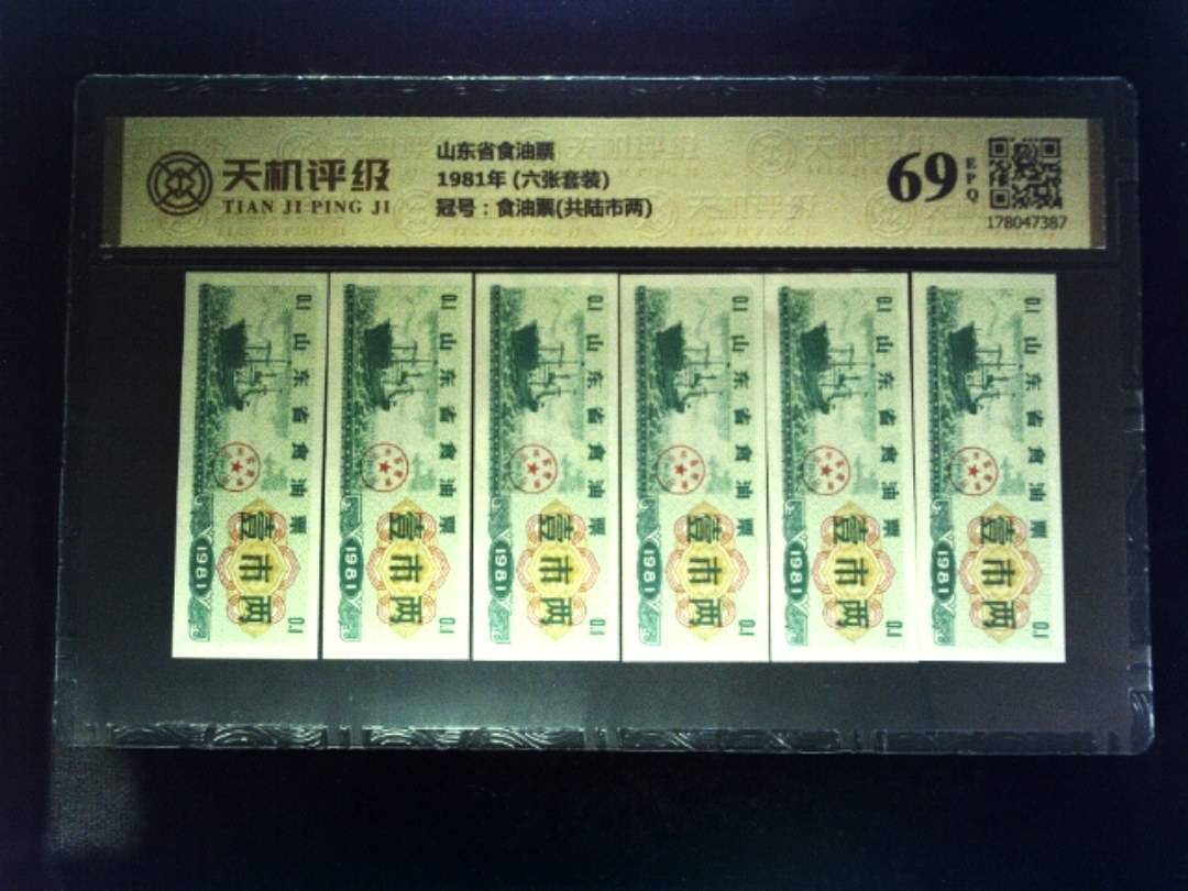 山东省食油票1981年 (六张套装)，冠号食油票(共陆市两)，纸币，钱币收藏