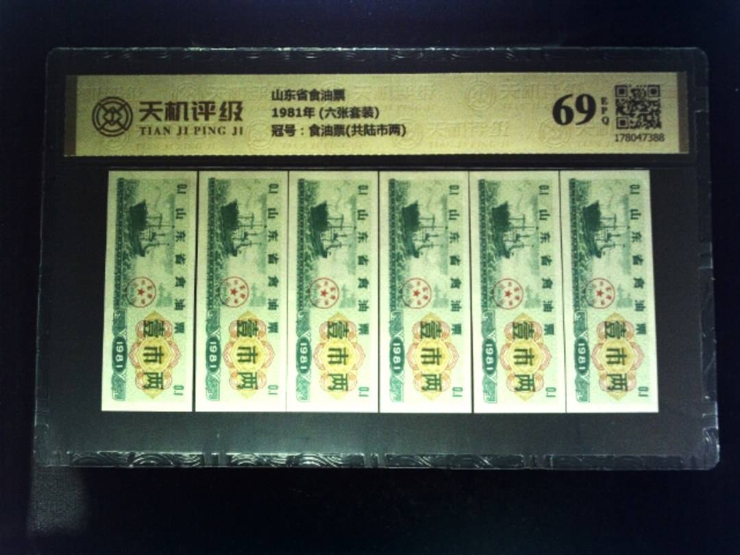 山东省食油票1981年 (六张套装)，冠号食油票(共陆市两)，纸币，钱币收藏