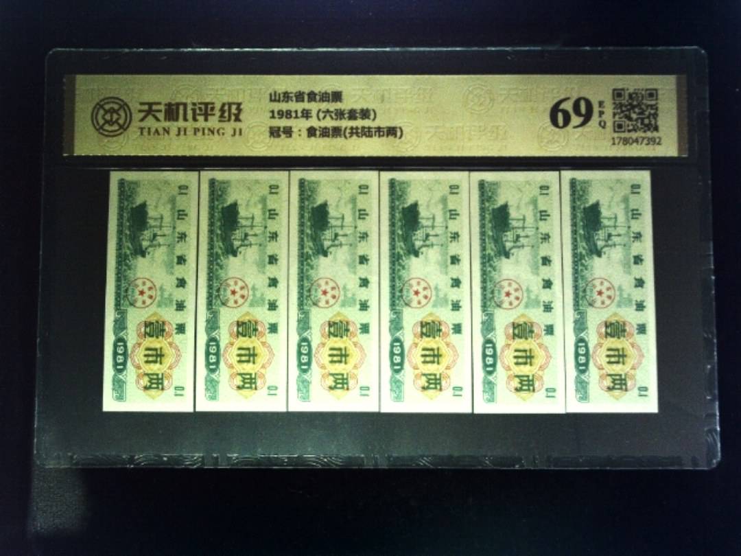 山东省食油票1981年 (六张套装)，冠号食油票(共陆市两)，纸币，钱币收藏