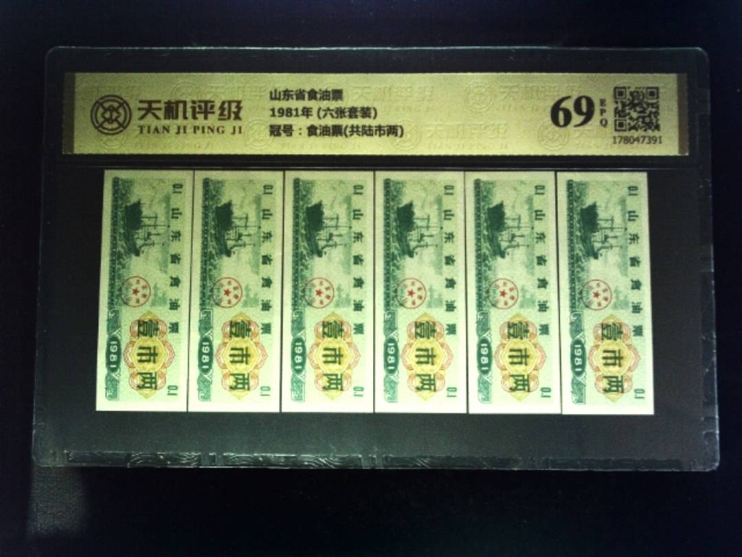 山东省食油票1981年 (六张套装)，冠号食油票(共陆市两)，纸币，钱币收藏