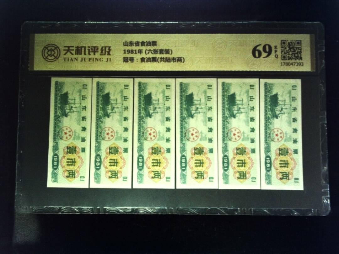 山东省食油票1981年 (六张套装)，冠号食油票(共陆市两)，纸币，钱币收藏