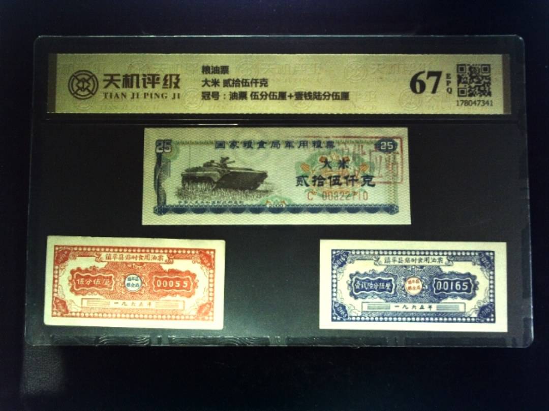粮油票大米 贰拾伍仟克，冠号油票 伍分伍厘+壹钱陆分伍厘，纸币，钱币收藏