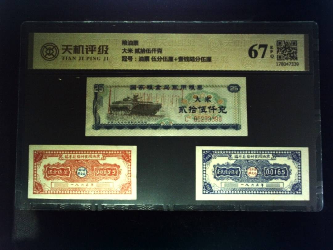 粮油票大米 贰拾伍仟克，冠号油票 伍分伍厘+壹钱陆分伍厘，纸币，钱币收藏