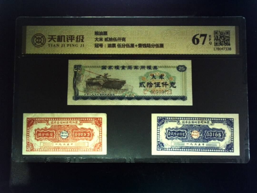 粮油票大米 贰拾伍仟克，冠号油票 伍分伍厘+壹钱陆分伍厘，纸币，钱币收藏