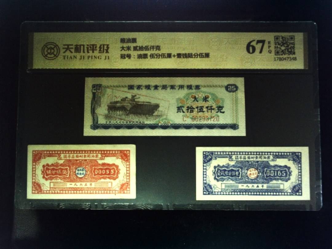 粮油票大米 贰拾伍仟克，冠号油票 伍分伍厘+壹钱陆分伍厘，纸币，钱币收藏