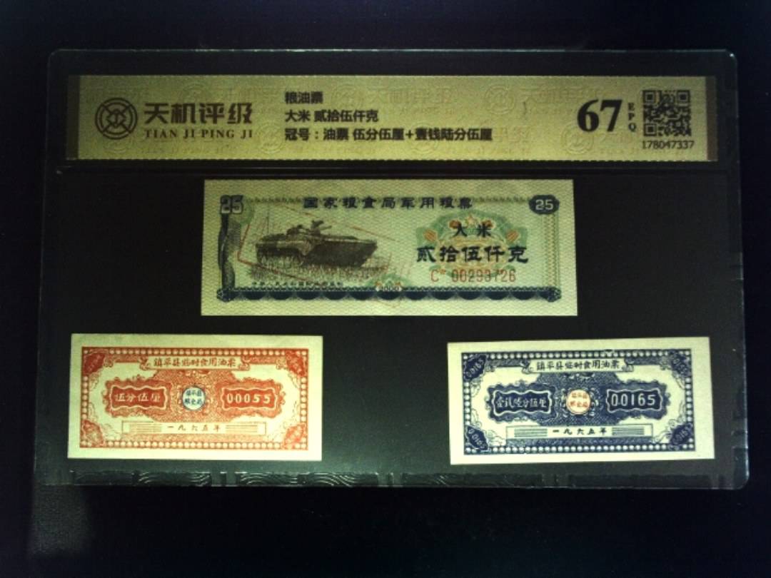粮油票大米 贰拾伍仟克，冠号油票 伍分伍厘+壹钱陆分伍厘，纸币，钱币收藏