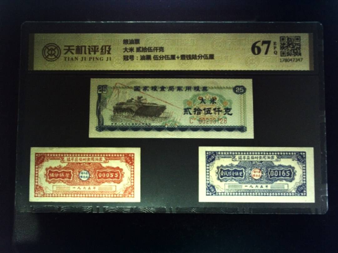 粮油票大米 贰拾伍仟克，冠号油票 伍分伍厘+壹钱陆分伍厘，纸币，钱币收藏