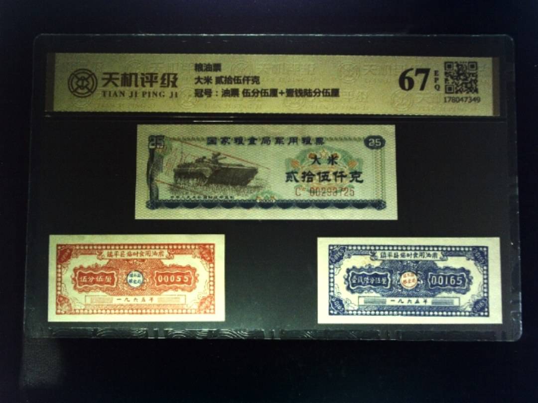 粮油票大米 贰拾伍仟克，冠号油票 伍分伍厘+壹钱陆分伍厘，纸币，钱币收藏
