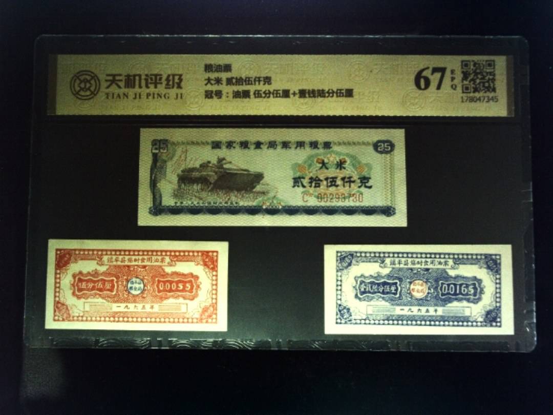 粮油票大米 贰拾伍仟克，冠号油票 伍分伍厘+壹钱陆分伍厘，纸币，钱币收藏