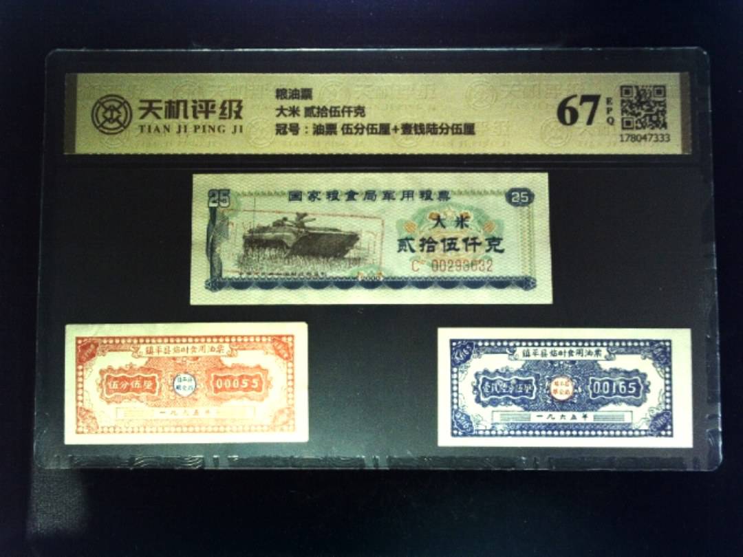 粮油票大米 贰拾伍仟克，冠号油票 伍分伍厘+壹钱陆分伍厘，纸币，钱币收藏