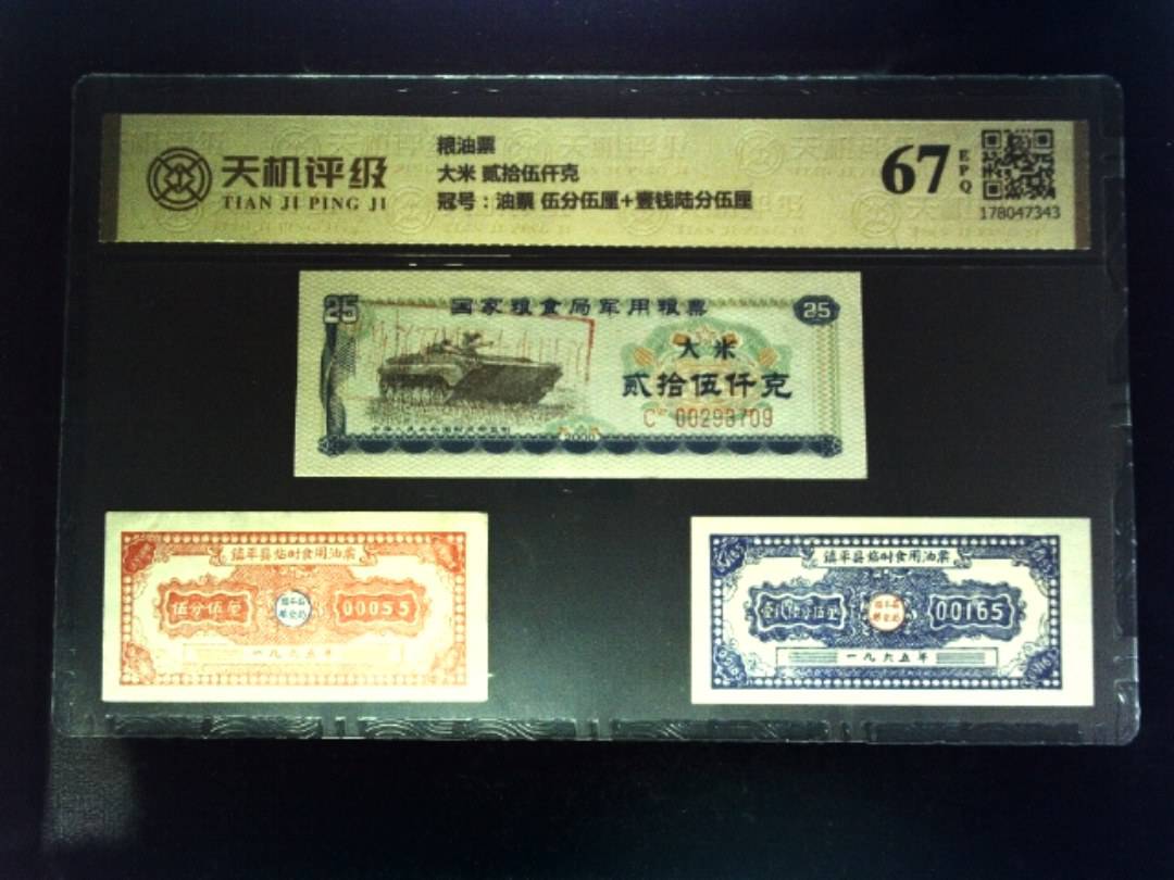粮油票大米 贰拾伍仟克，冠号油票 伍分伍厘+壹钱陆分伍厘，纸币，钱币收藏