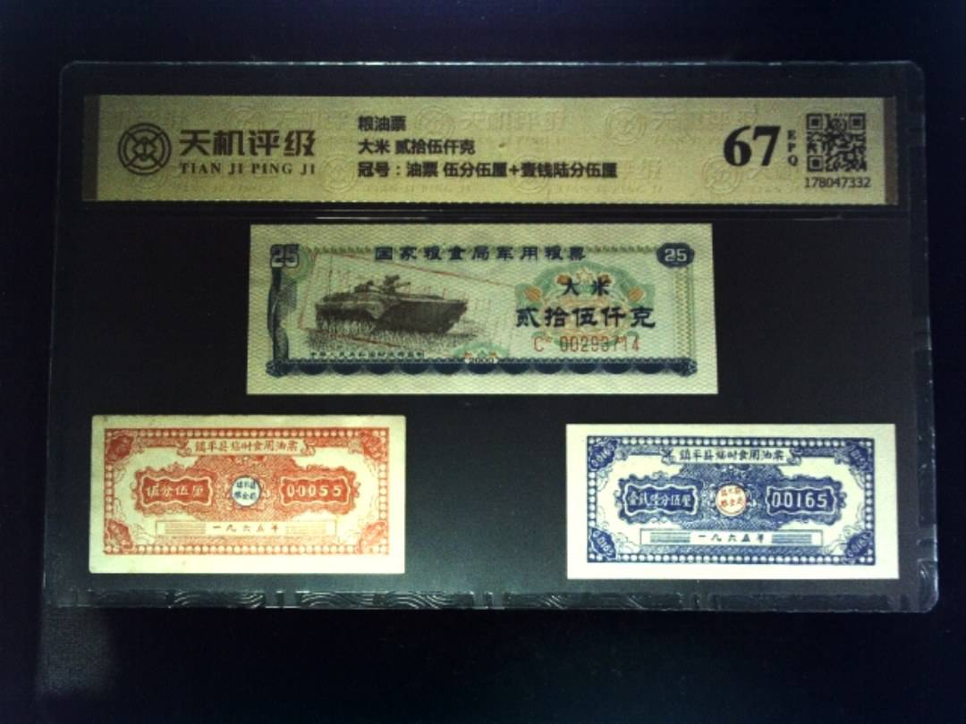 粮油票大米 贰拾伍仟克，冠号油票 伍分伍厘+壹钱陆分伍厘，纸币，钱币收藏