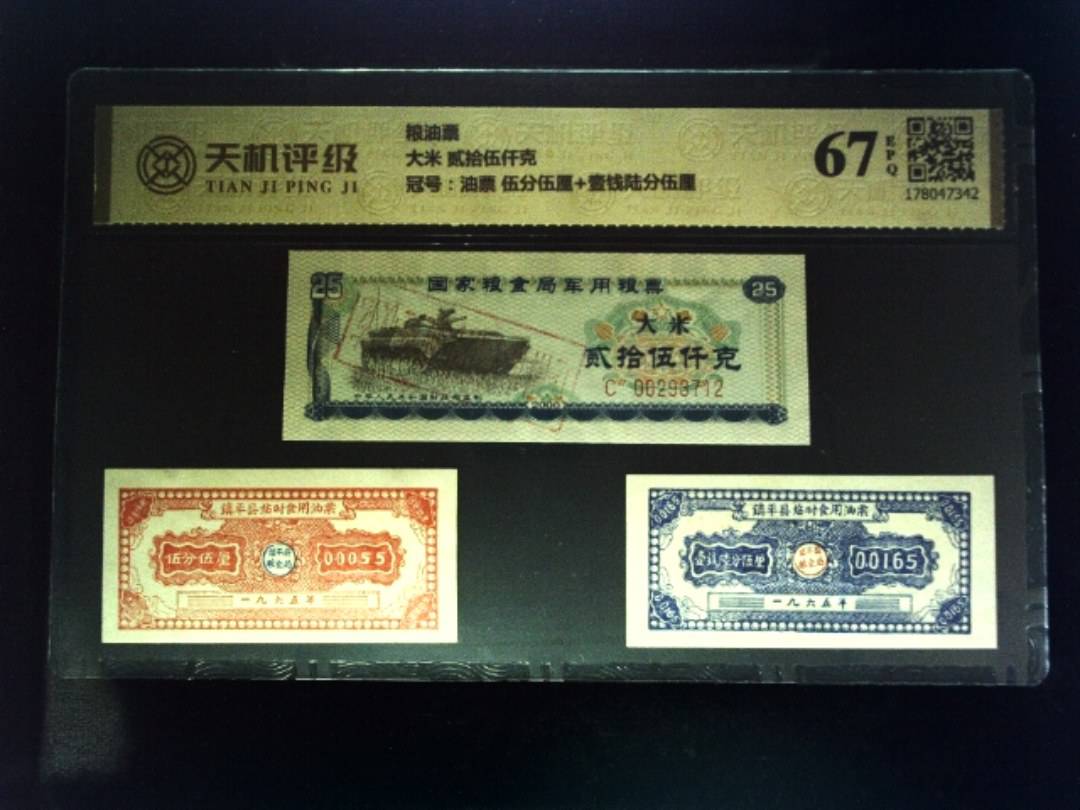 粮油票大米 贰拾伍仟克，冠号油票 伍分伍厘+壹钱陆分伍厘，纸币，钱币收藏