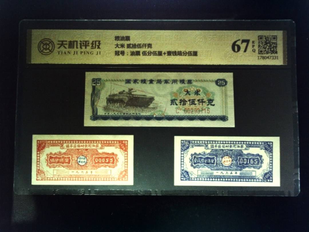 粮油票大米 贰拾伍仟克，冠号油票 伍分伍厘+壹钱陆分伍厘，纸币，钱币收藏