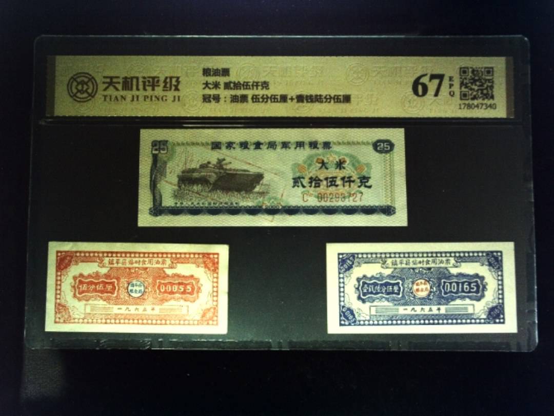 粮油票大米 贰拾伍仟克，冠号油票 伍分伍厘+壹钱陆分伍厘，纸币，钱币收藏