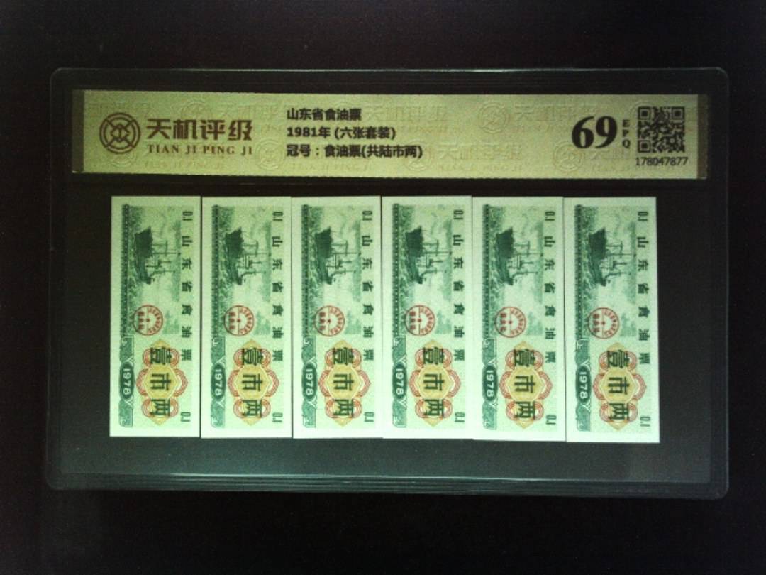 山东省食油票1981年 (六张套装)，冠号食油票(共陆市两)，纸币，钱币收藏