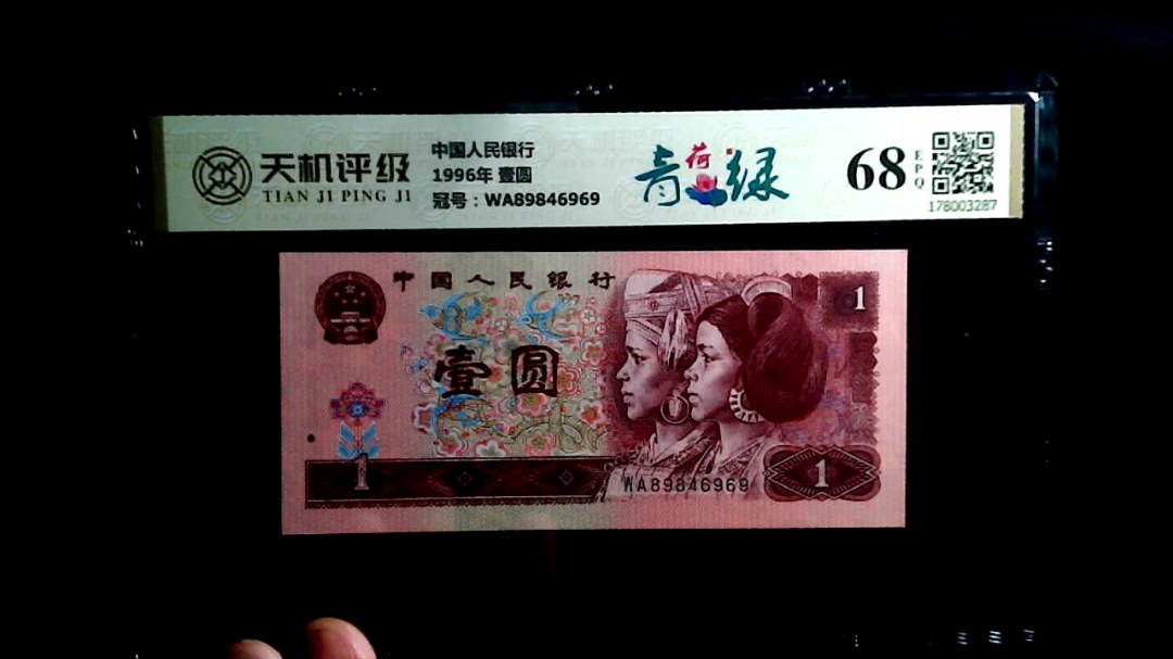 中国人民银行1996年 壹圆，冠号WA89846969，纸币，钱币收藏