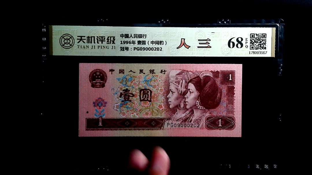 中国人民银行1996年 壹圆（中间豹），冠号PG09000202，纸币，钱币收藏