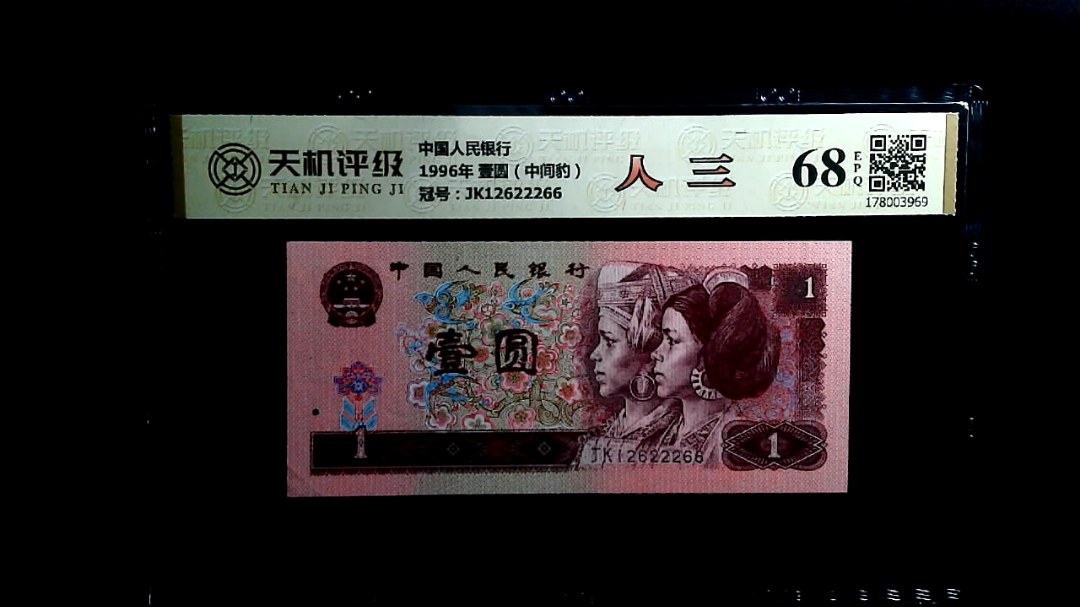 中国人民银行1996年 壹圆（中间豹），冠号JK12622266，纸币，钱币收藏