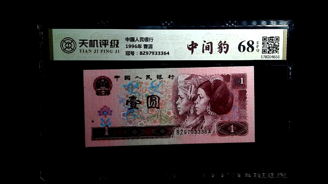中国人民银行1996年 壹圆，冠号BZ97933364，纸币，钱币收藏