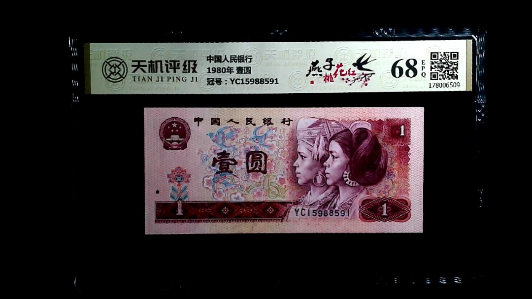 中国人民银行1980年 壹圆，冠号YC15988591，纸币，钱币收藏