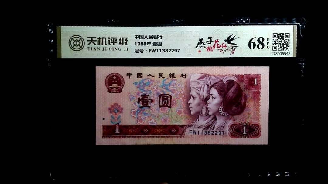 中国人民银行1980年 壹圆，冠号FW11382297，纸币，钱币收藏