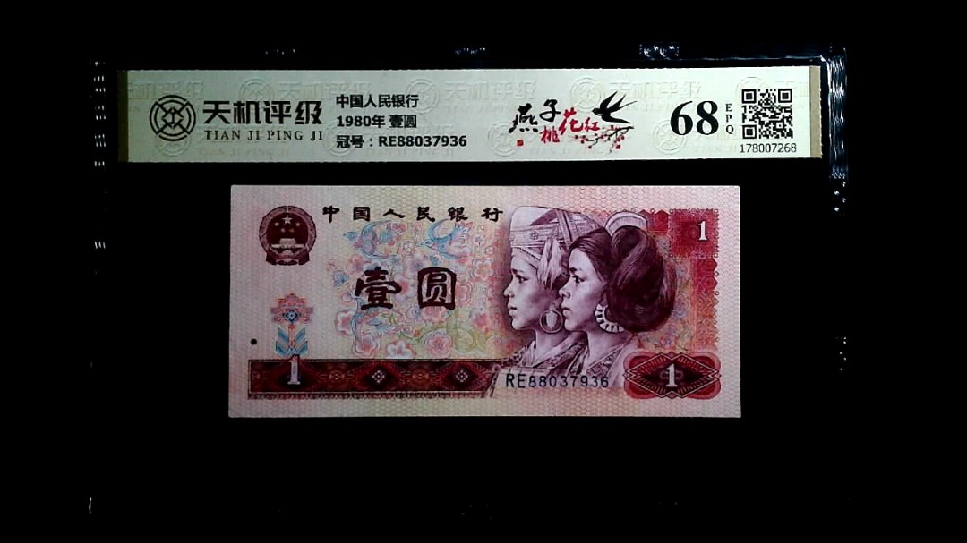中国人民银行1980年 壹圆，冠号RE88037936，纸币，钱币收藏