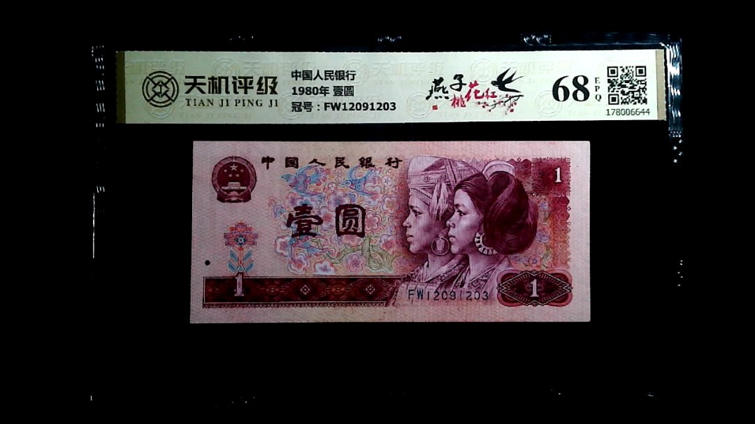 中国人民银行1980年 壹圆，冠号FW12091203，纸币，钱币收藏