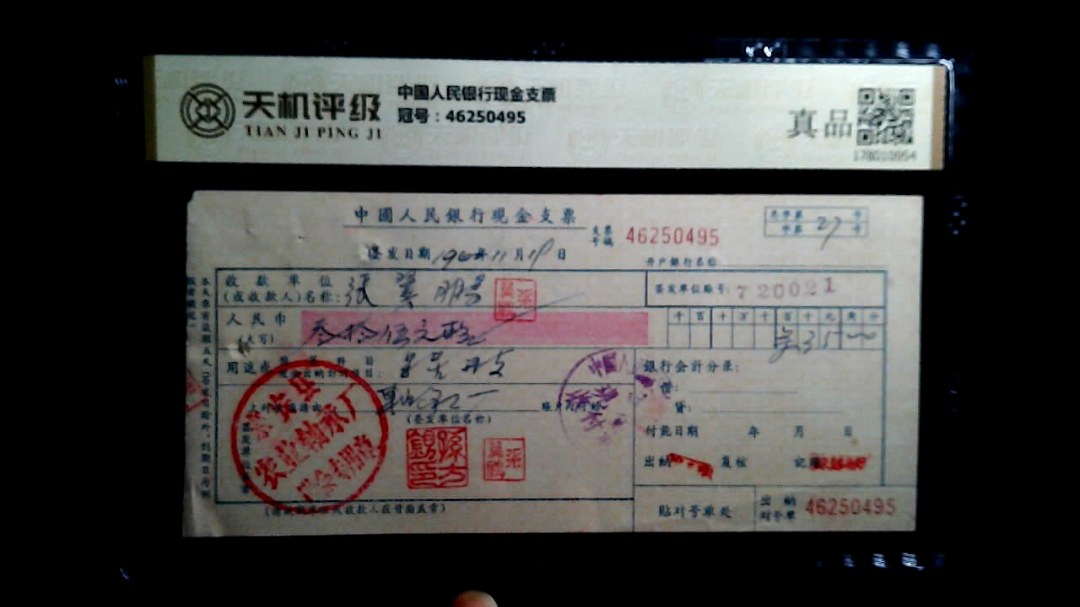 中国人民银行现金支票，冠号46250495，纸币，钱币收藏