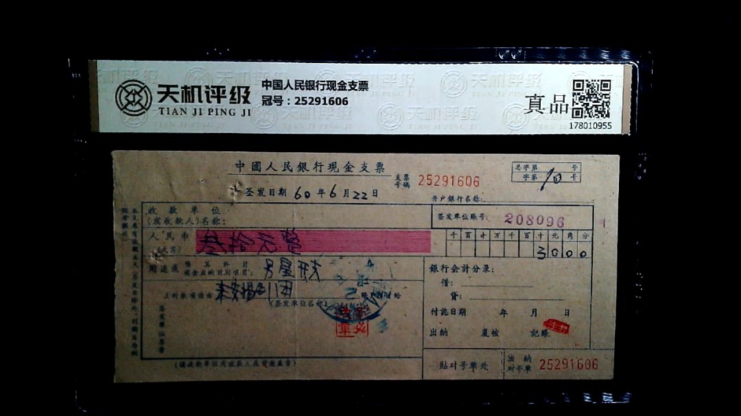 中国人民银行现金支票，冠号25291606，纸币，钱币收藏