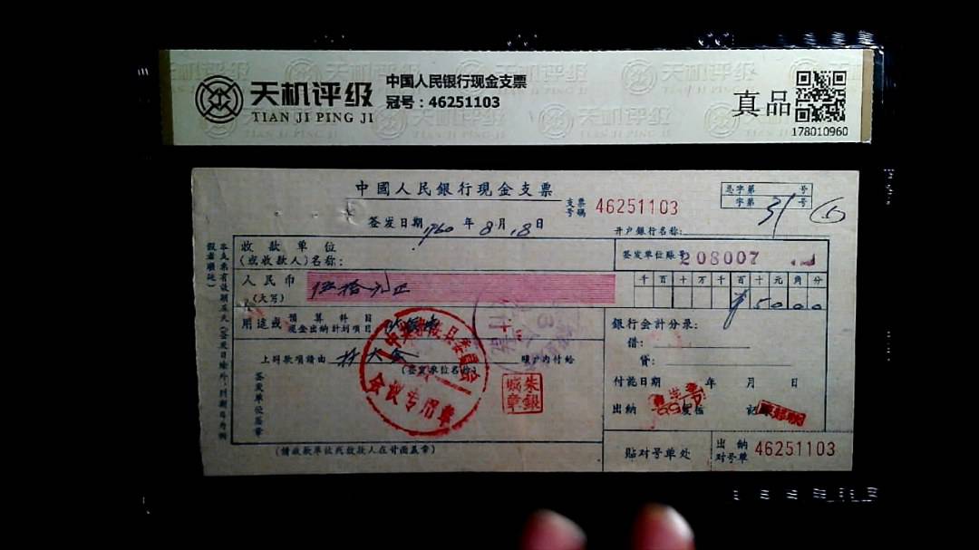中国人民银行现金支票，冠号46251103，纸币，钱币收藏