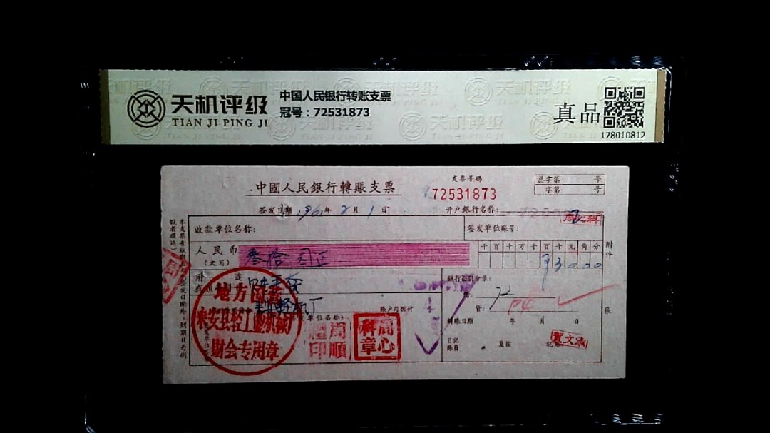 中国人民银行转账支票，冠号72531873，纸币，钱币收藏