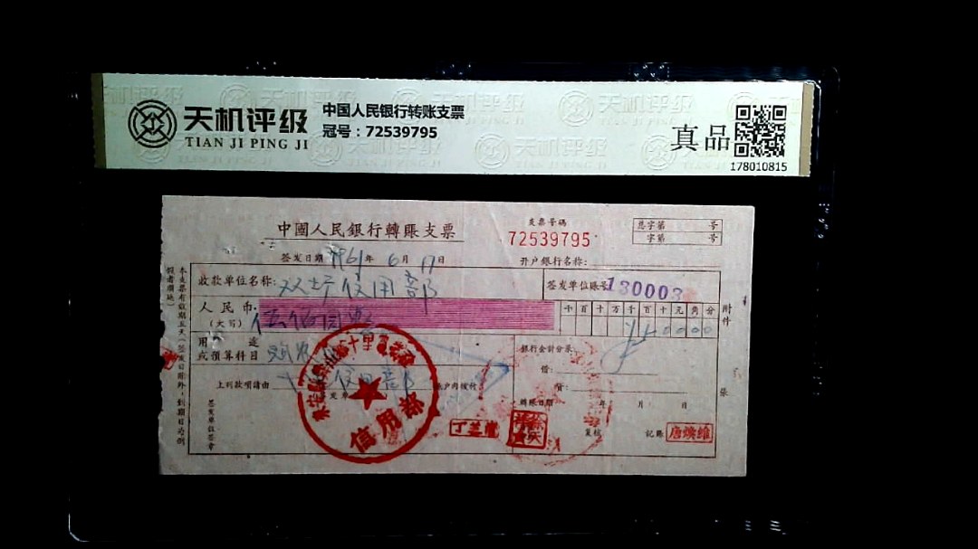 中国人民银行转账支票，冠号72539795，纸币，钱币收藏