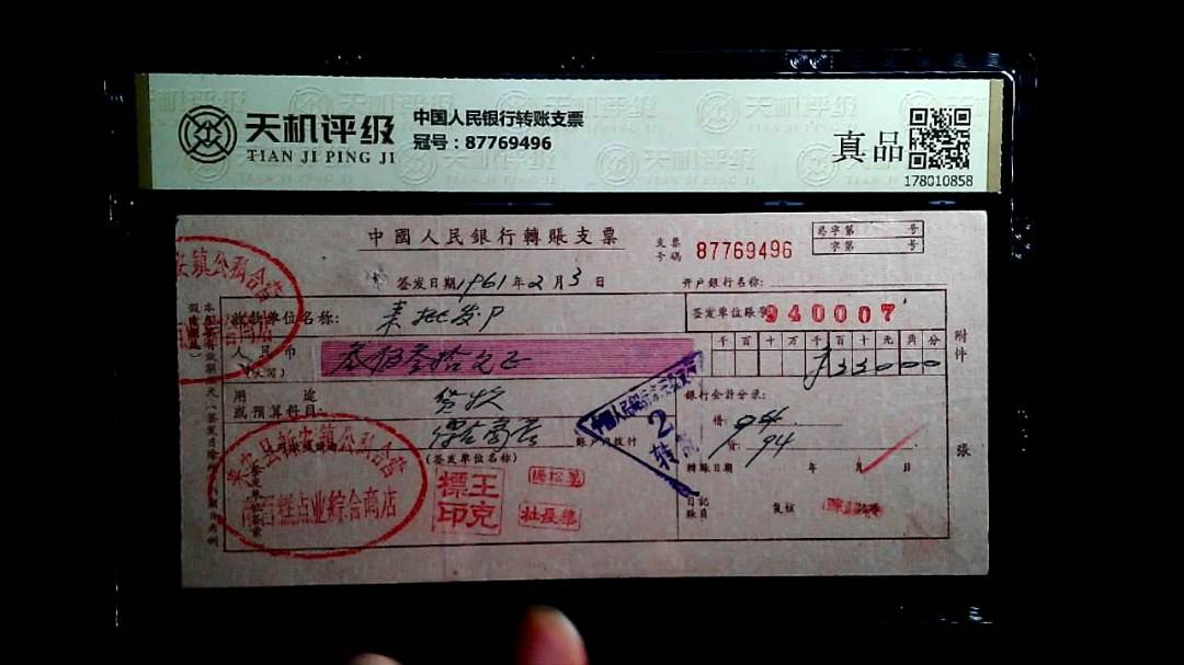 中国人民银行转账支票，冠号87769496，纸币，钱币收藏