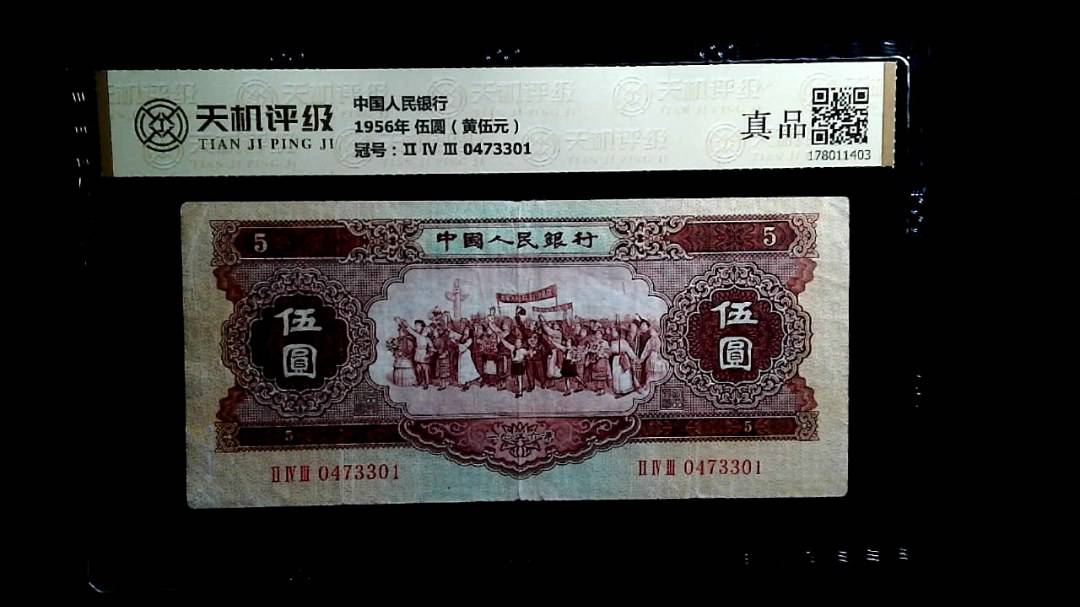 中国人民银行1956年 伍圆（黄伍元），冠号Ⅱ Ⅳ Ⅲ 0473301，纸币，钱币收藏