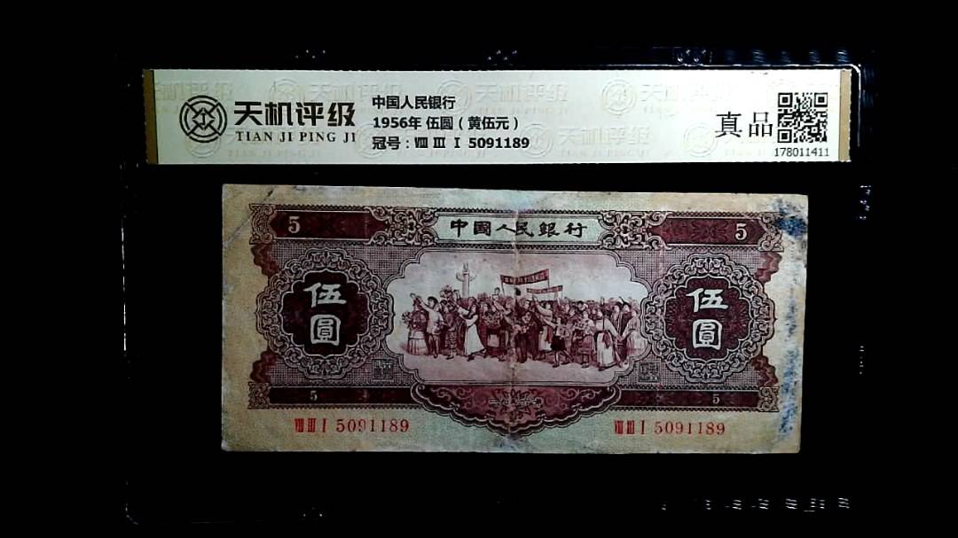 中国人民银行1956年 伍圆（黄伍元），冠号Ⅷ Ⅲ Ⅰ 5091189，纸币，钱币收藏