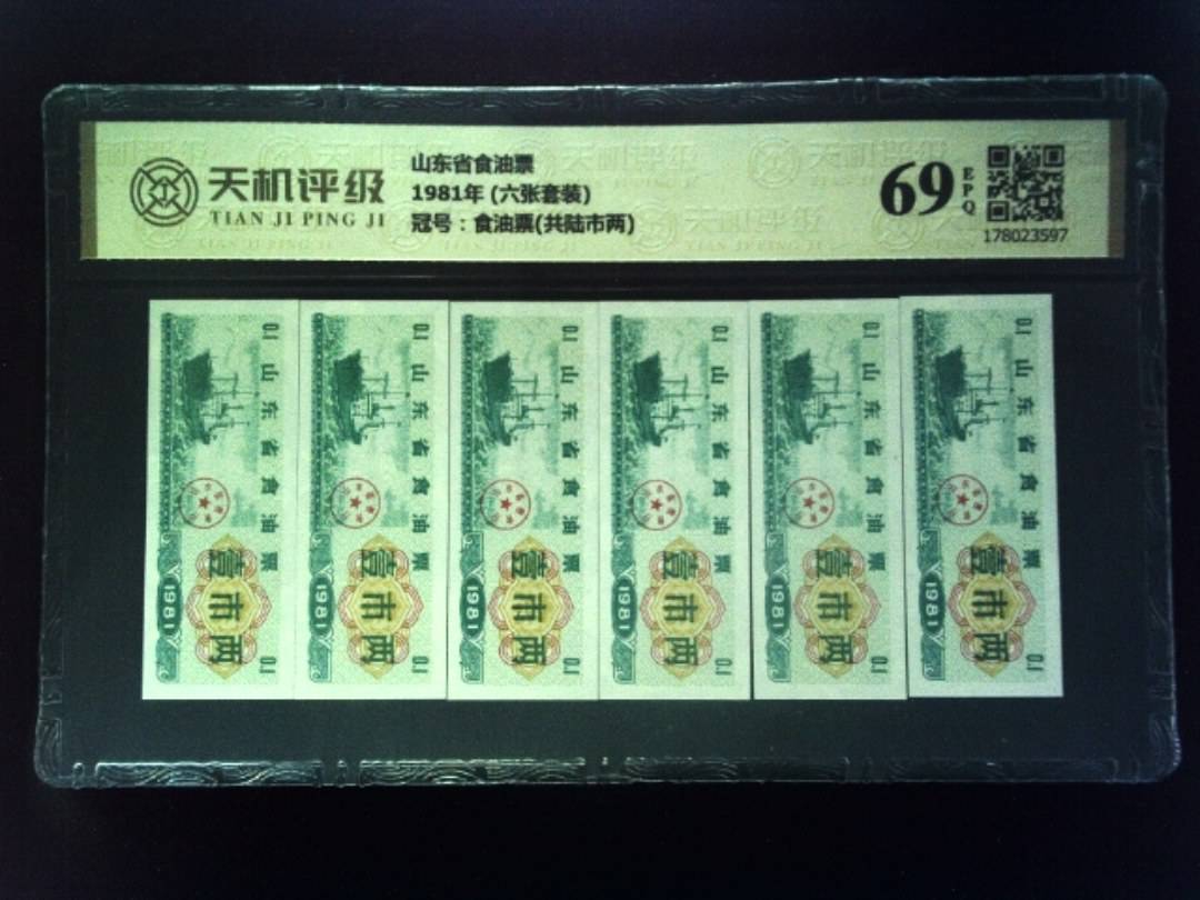 山东省食油票1981年 (六张套装)，冠号食油票(共陆市两)，纸币，钱币收藏