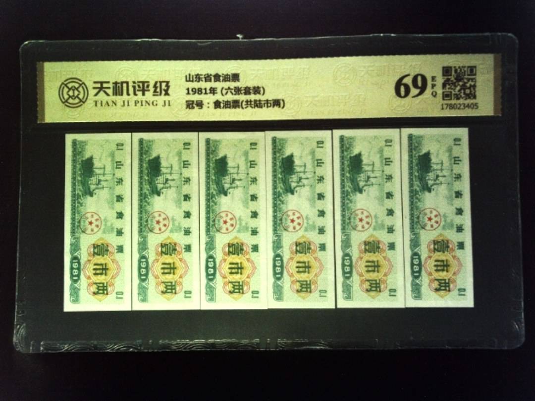 山东省食油票1981年 (六张套装)，冠号食油票(共陆市两)，纸币，钱币收藏