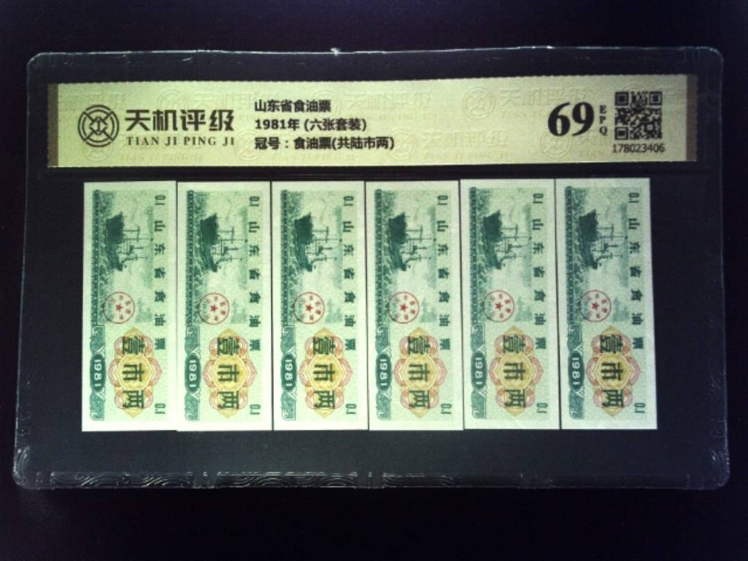 山东省食油票1981年 (六张套装)，冠号食油票(共陆市两)，纸币，钱币收藏