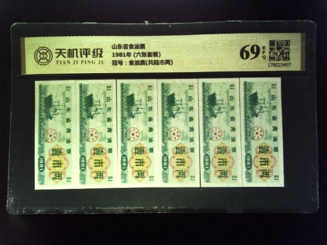 山东省食油票1981年 (六张套装)，冠号食油票(共陆市两)，纸币，钱币收藏