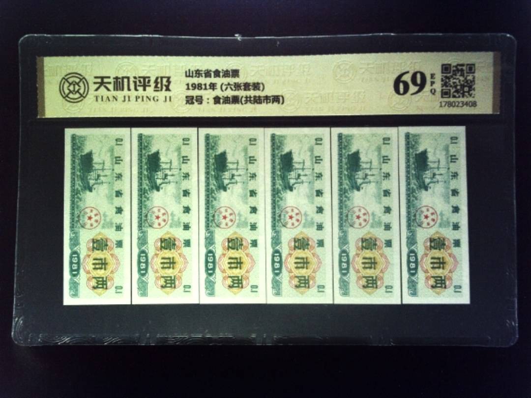山东省食油票1981年 (六张套装)，冠号食油票(共陆市两)，纸币，钱币收藏