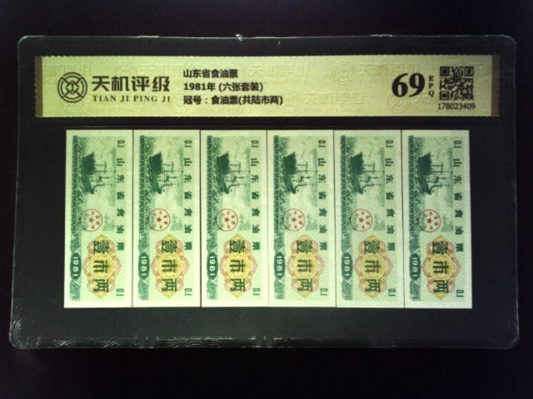 山东省食油票1981年 (六张套装)，冠号食油票(共陆市两)，纸币，钱币收藏
