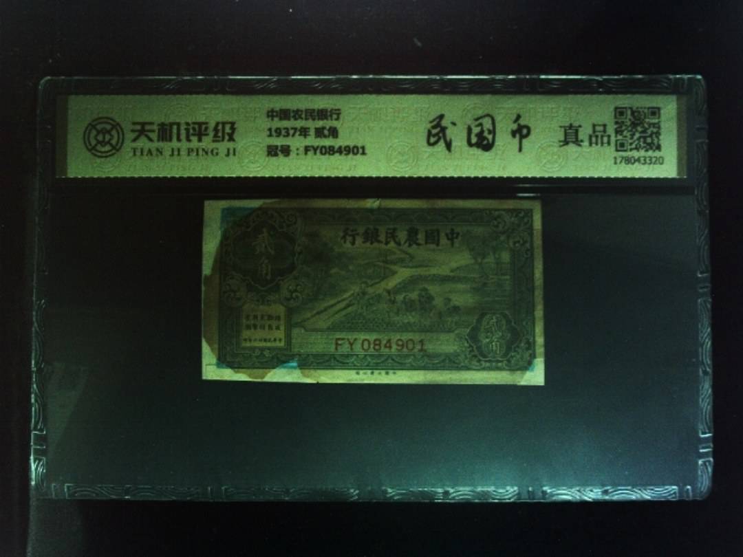 中国农民银行1937年 贰角，冠号FY084901，纸币，钱币收藏